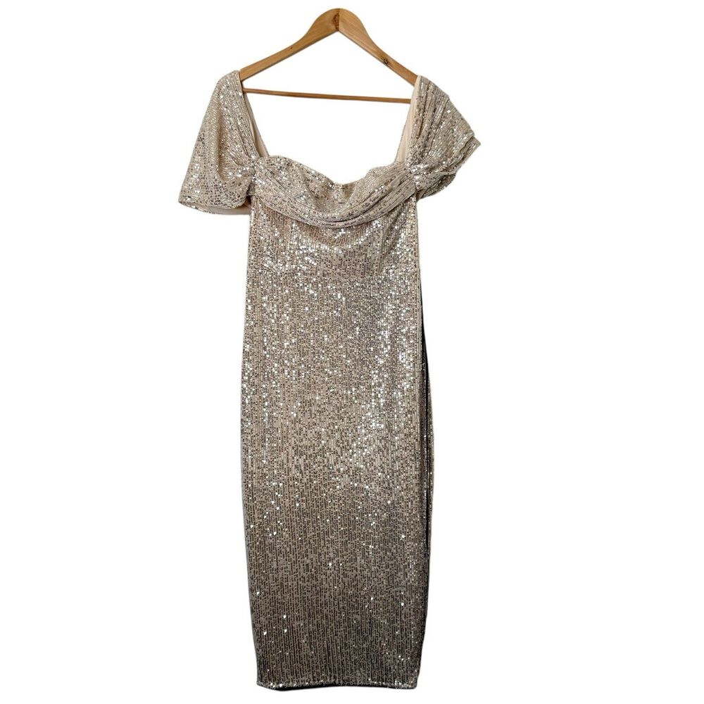 Pretty Little Thing Silver All Over Sequin Drape Bardot Midi Evening Dress Uk 10